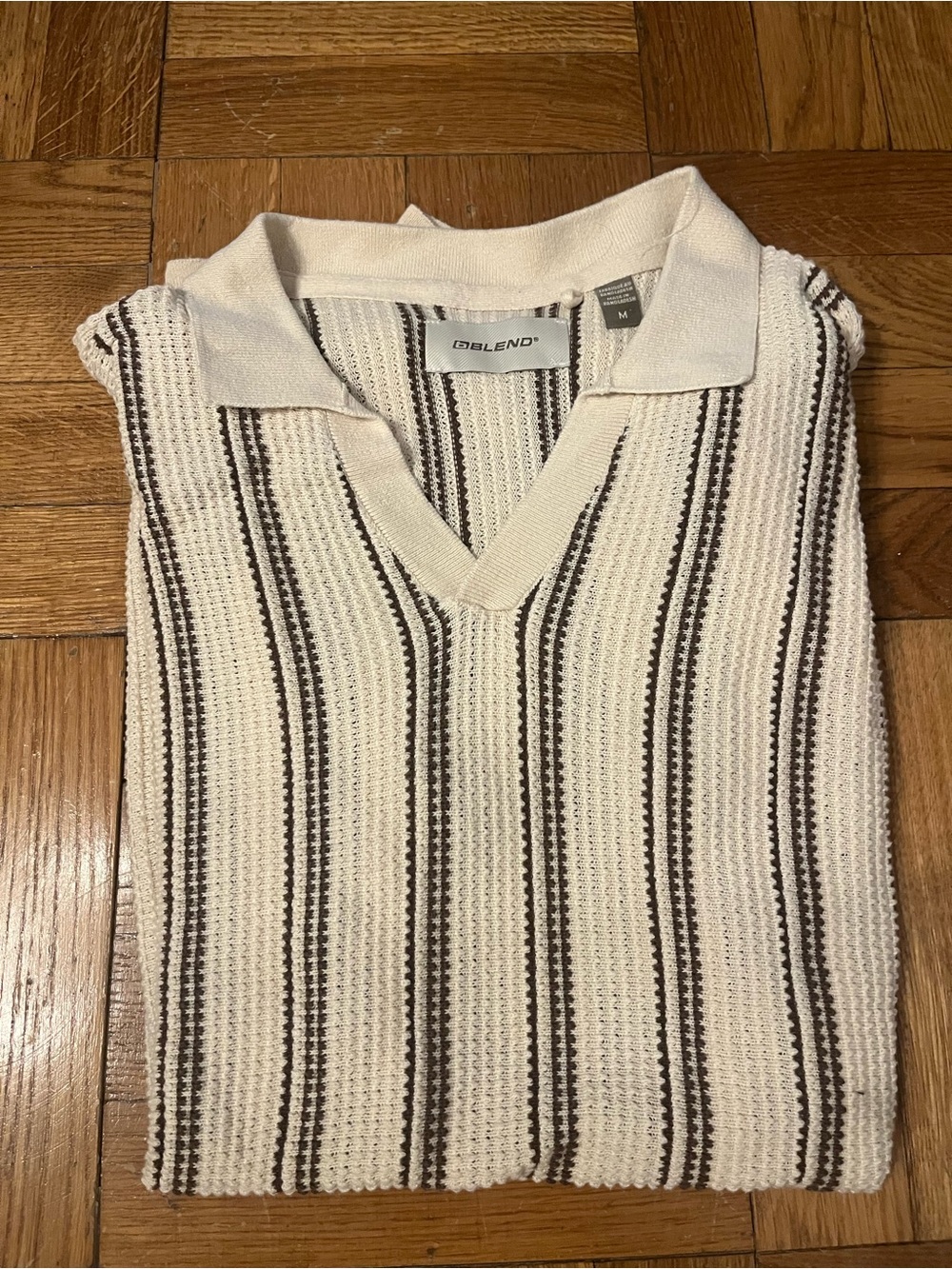 Cream & Brown Striped Knit Polo Shirt